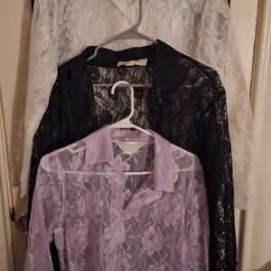 3 Vintage Button-Up Lace Shirts - White, Black, and Lavender Sz M